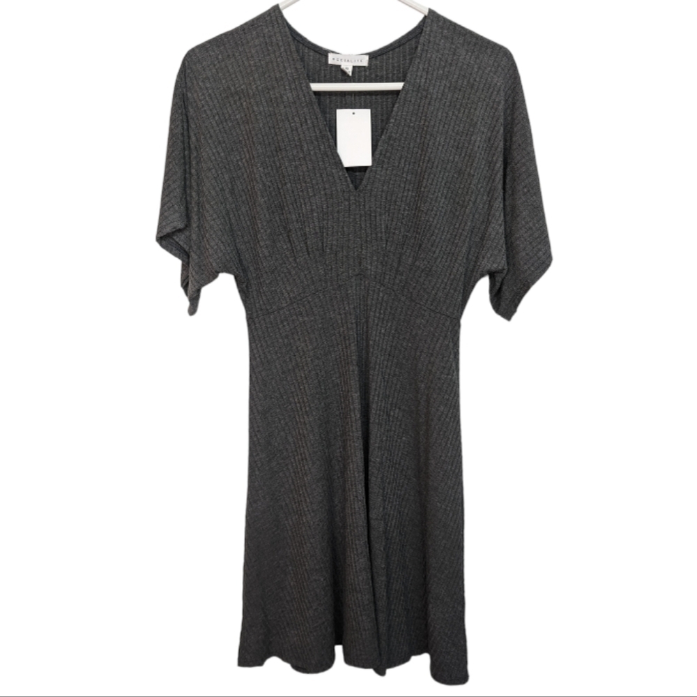 Socialite Babydoll Boho Dress Deep V Neck Short Sleeve Ribbed Womens Size XS NWT